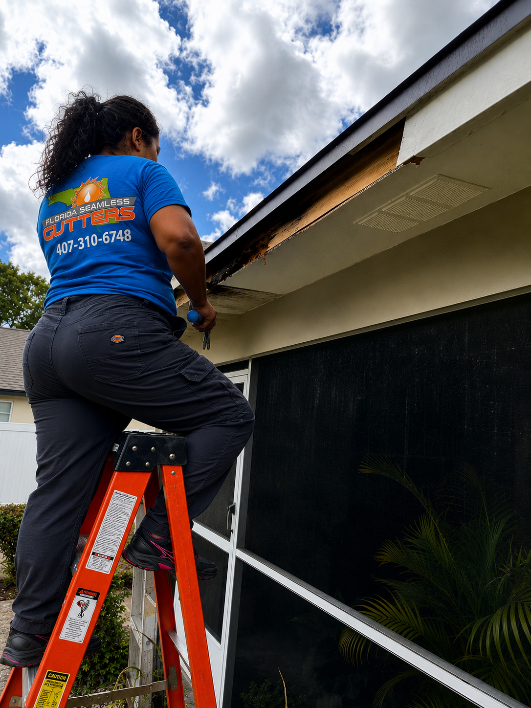 Installer working on removing rotted fascia board Installer removing damaged fascia board before seamless gutter installation on a Central Florida home